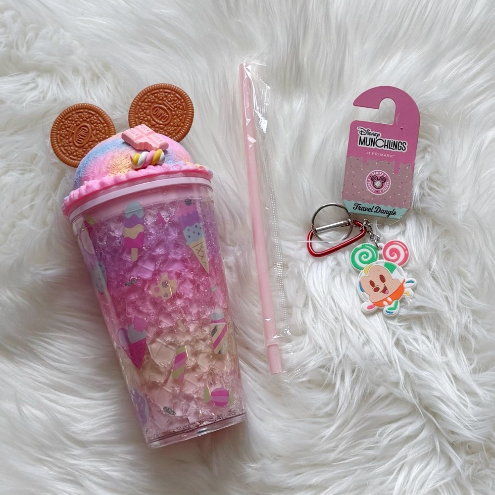 Disney Pink Ice Cream Tumbler Cup w/ Mickey Mouse Ears/FREE Munchlings Keychain